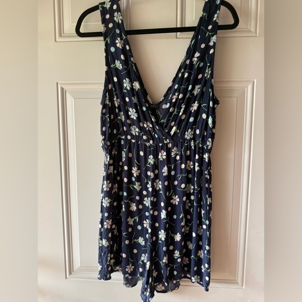BP Navy Floral Polka Dot Print Sleeveless Rayon Romper - Picture 2 of 8